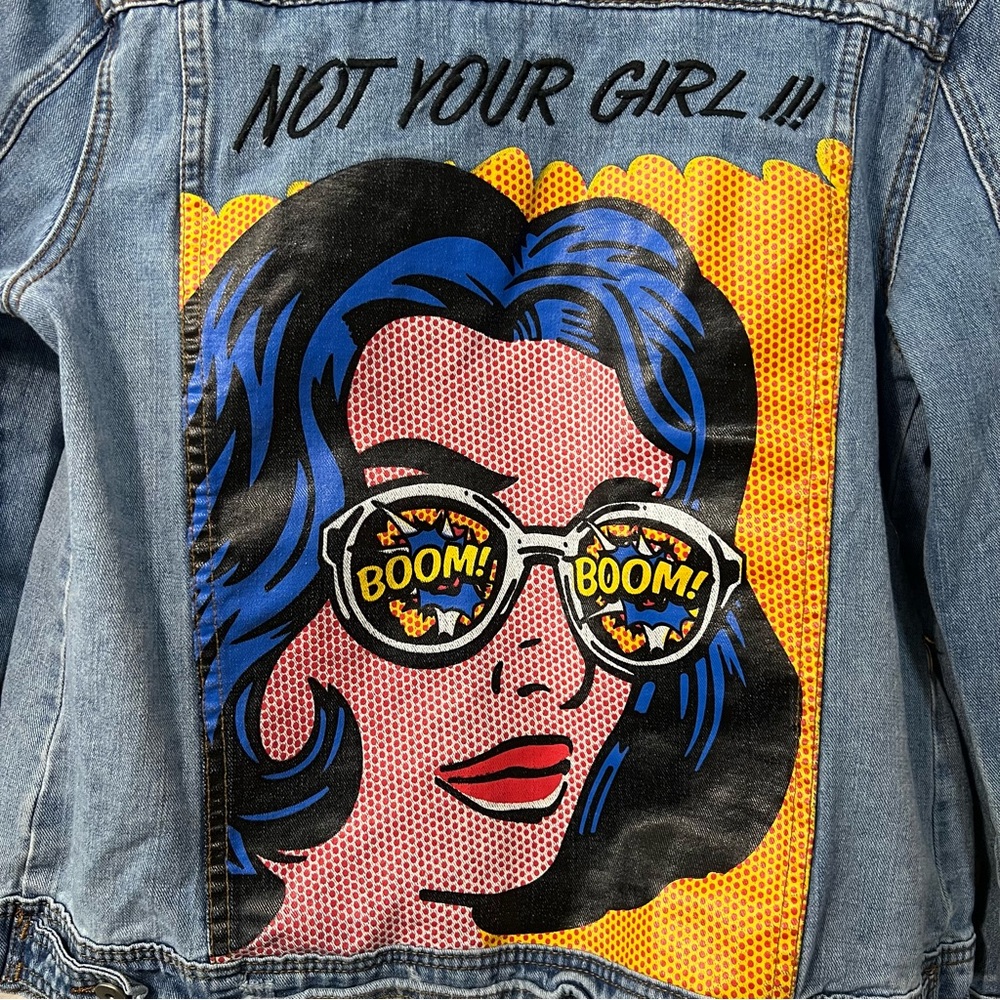 Vintage Y2K Denim Pop Art Not Your Girl Jean Trucker Jacket Mid Wash Large - Picture 3 of 7